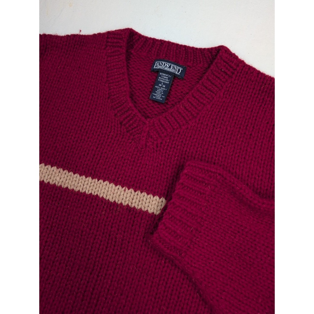 Vintage Lands End Women's Large Wool Sweater‎ Red Tan Grandpa Chunky Eco warm